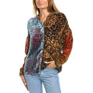 Johnny Was Frida Velvet Patterned Button Down Shirt Red/Yellow M
